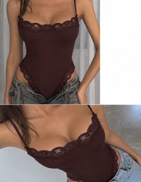 Qadın badi – nazik askılı, qəhvəyi rəngdə, krujeva detallı - Model — Masazır
