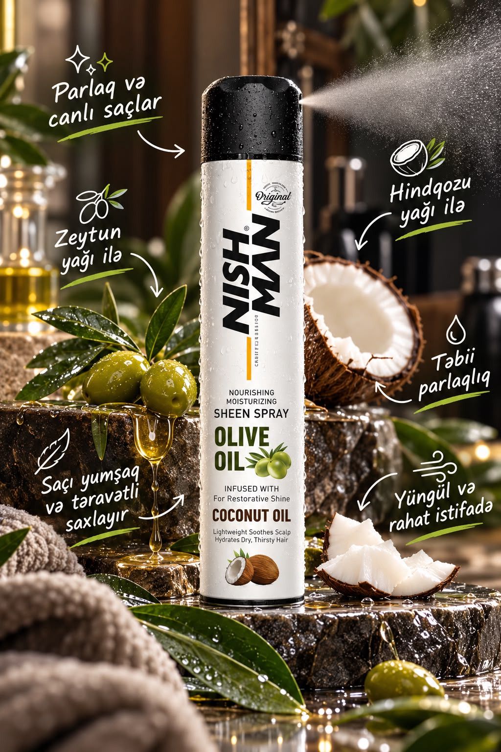 Parlaqlıq üçün saç spreyi Nishman Olive & Coconut Oil 400 ml — Mallar, Bakı
