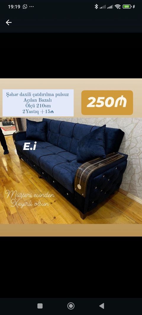 Açılan bazalı divan – tünd mavi rəngdə, yumşaq məxməri parça ilə — Bakı