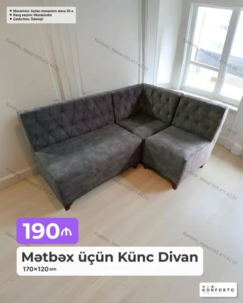 Mətbəx üçün künc divan – 170×120 sm - Dizayn: L‑şəkilli, klassik — Bakı