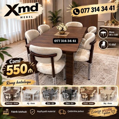 XMD Mebel – Yemək otağı dəsti Tərkib: - Masa: 90 x 160 sm - 6 ədəd — Bakı