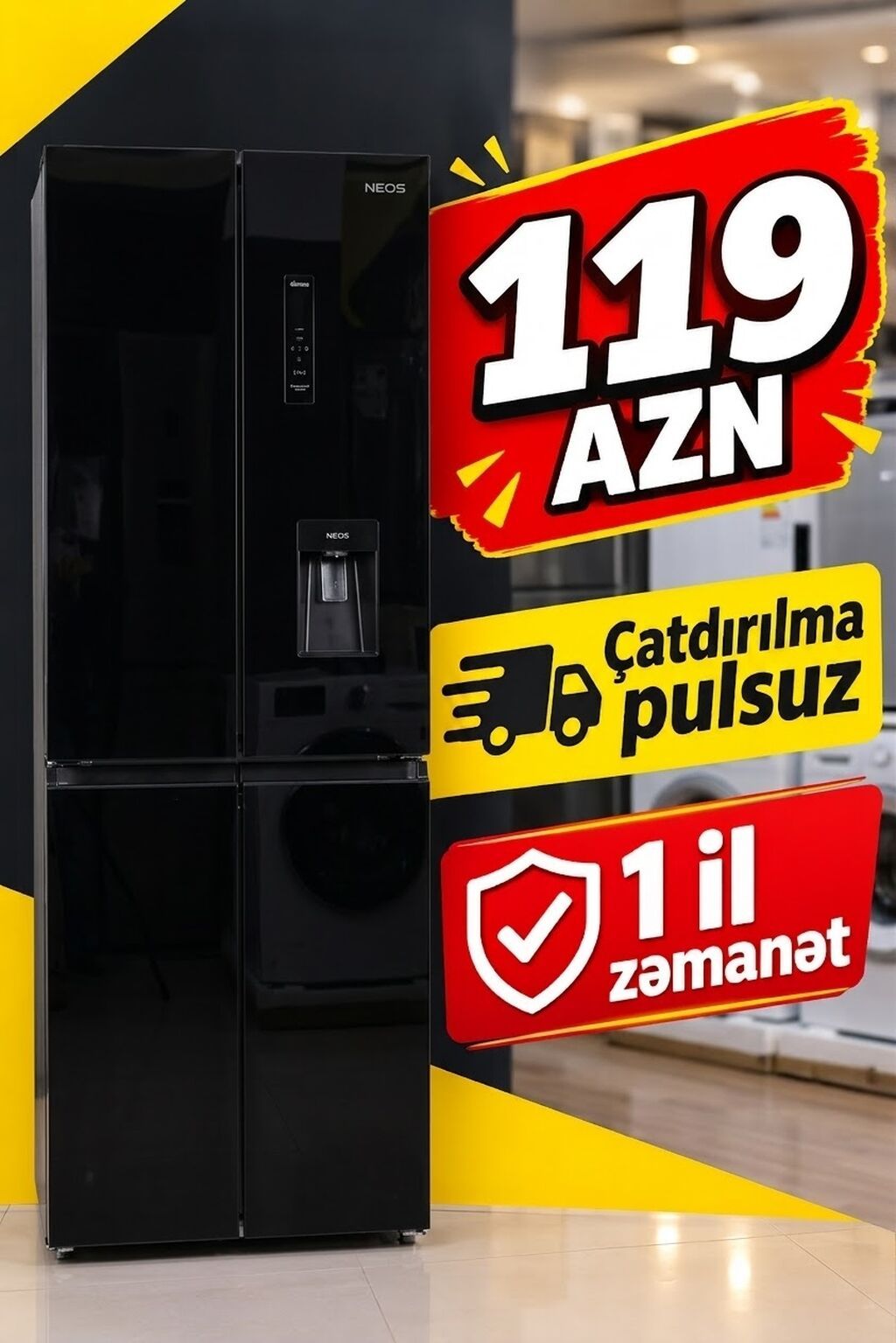 Neos dondurucu-soyuducu kombi, dörd qapılı, qara rəngdə şüşə/parlaq ön — Soyuducular, Bakı