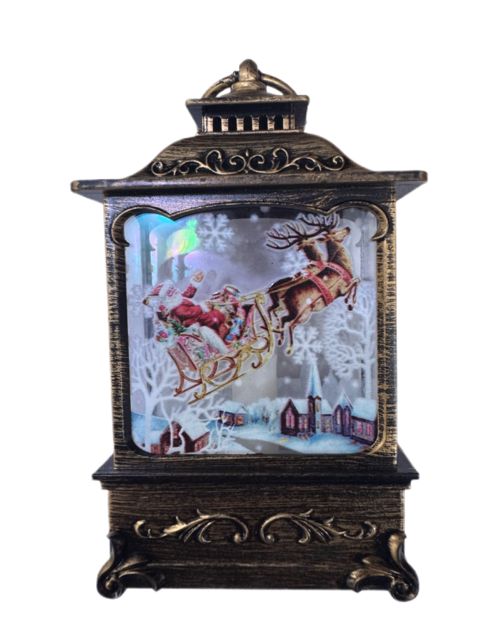 Yeni il fənəri dekorativ, Santa və marallar dizaynlı, qızılı-bürünc, 20 sm, LED işıqlı - MXM_128054 — Bakı