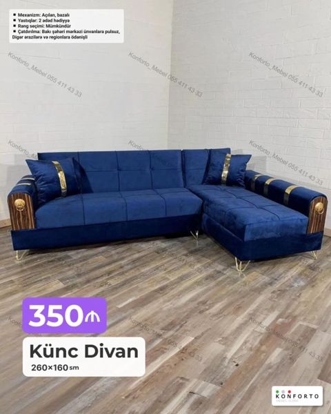 Künc Divan – 260×160 sm - Rəng: Seçim mümkündür - Mexanizm: Açılan — Bakı