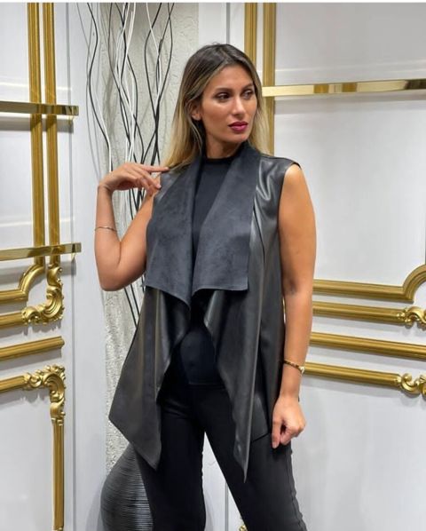 Qadınlar üçün dəri effektli asimmetrik jilet - Model: qolsuz, açıq — Terane