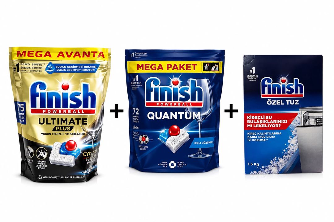 Qabyuyan maşın üçün kapsullar Finish Ultimate 75 əd + Finish Quantum 72 əd + Qabyuyan maşın üçün duz Finish 1.5 kq — Mallar, Bakı