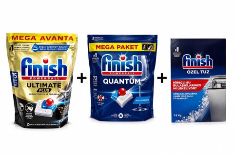 Qabyuyan maşın üçün kapsullar Finish Ultimate 75 əd + Finish Quantum 72 əd + Qabyuyan maşın üçün duz Finish 1.5 kq — Bakı