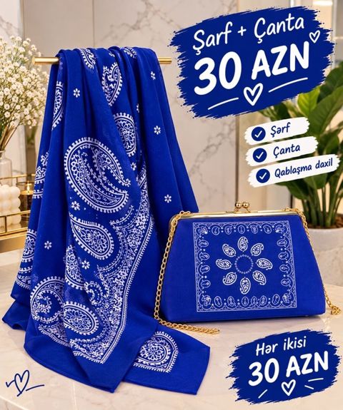 Şərf və çanta dəsti - Dəst: şərf + çanta - Rəng: parlaq kobalt mavisi — Kürdəmir