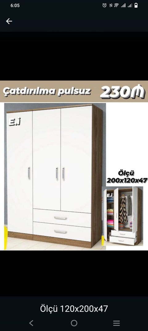 Üç qapılı paltar dolabı - Ölçü: 120×200×47 sm (şəkildə 200×120×47 də — Bakı