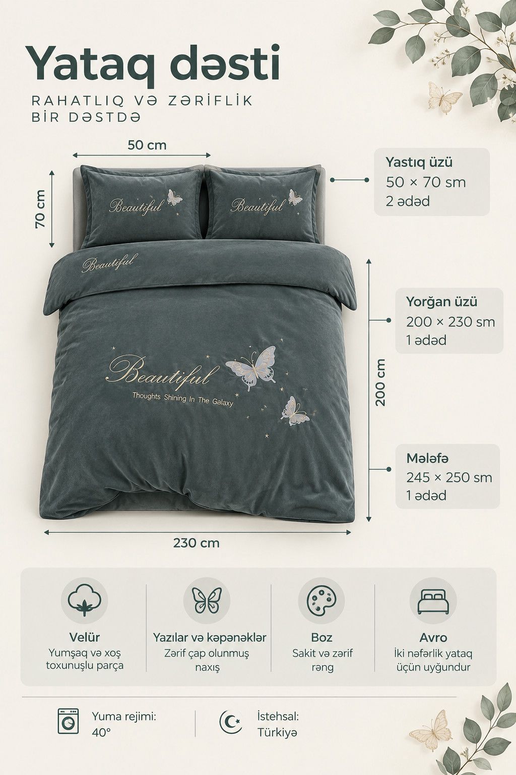 Yataq dəsti Sahara SHA-00001430, yorğan üzü 200x230 sm, mələfə 245x250 sm, yastıq üzü 50х70 sm, avro, velür, boz — Mallar, Bakı (2)