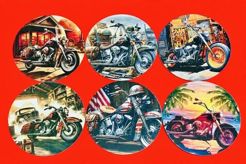 Motosiklet temalı dairəvi taxta stəkanaltı dəsti - Dəst: 6 ədəd — Masazır