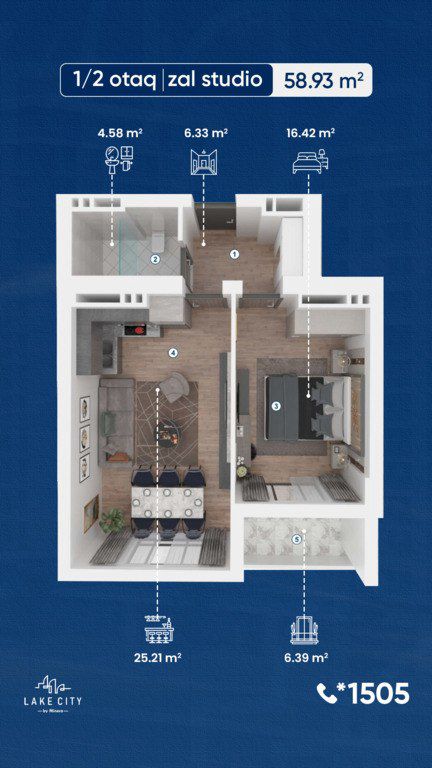 Satılır 1 otaqlı yeni tikili 58.9 m² — Mənzil, Bakı (7)