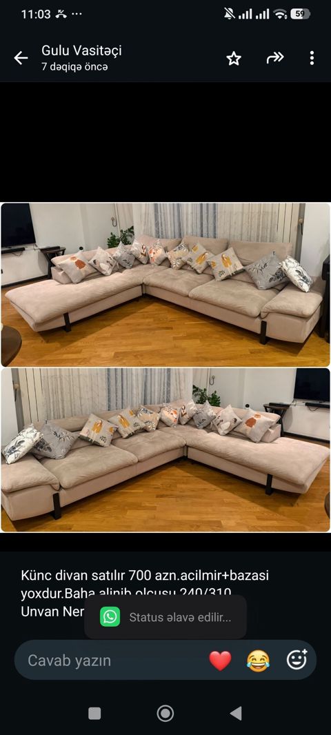 Künc divan satılır 700 azn.acilmir+bazasi yoxdur.Baha alinib.olcusu — Bakı