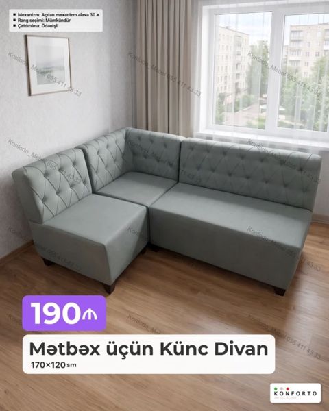 Mətbəx üçün künc divan – 170×120 sm - Müasir dizayn: yumşaq kapitone — Bakı