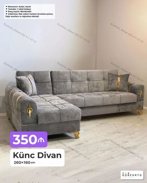 Künc divan – 260×160 sm - Açılan mexanizm, bazalı (əlavə saxlama — Bakı