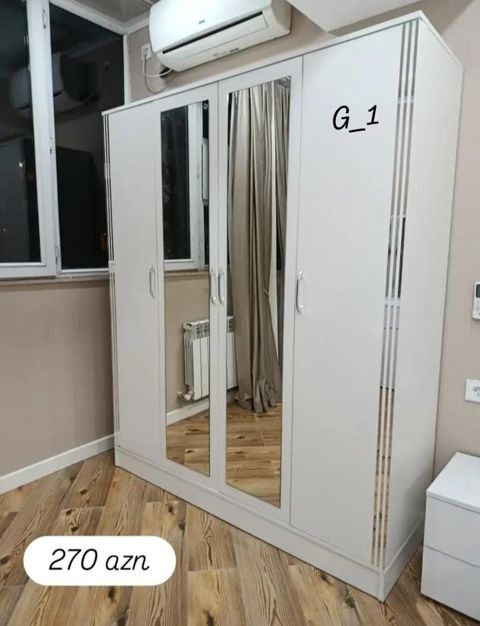 Ağ rəngli 4 qapılı paltar dolabı - Ön hissədə 2 ədəd tam ölçülü güzgü — Bakı
