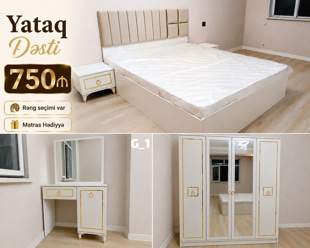 Yataq dəsti – 750₼ Komplekt: - 160x200 sm ölçüdə çarpayı (başlıqla) — Yataq otağı mobilya dəstləri, Bakı