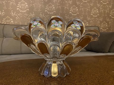 Qızılı naxışlı şüşə meyvə/qənnadı qabı - Material: qalın, şəffaf şüşə — Digah