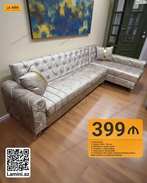 Künc divan – Kod: 4073 - Ölçülər: 260 160 sm - Mexanizm: açılan — Baku