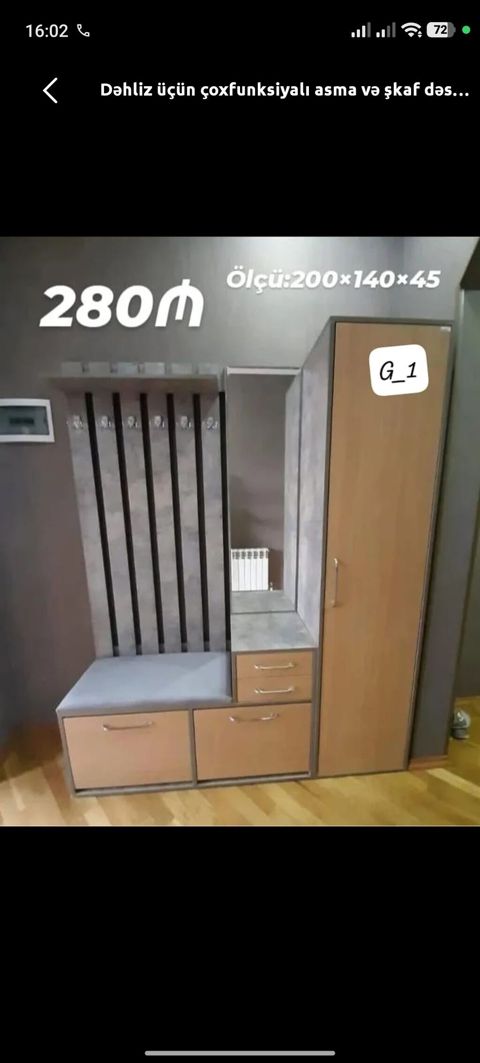 Yeni, 1 qapı, Güzgülü, Açılan, Düz dolab — Digah
