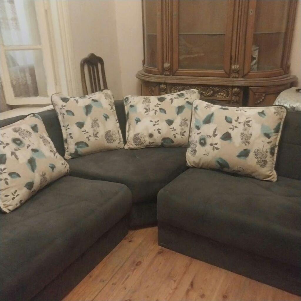 Künc divan dəsti - Dərin boz rəngli, yumşaq parça üzlü künc modullu — Yumşaq mobilya dəstləri, Bakı (2)