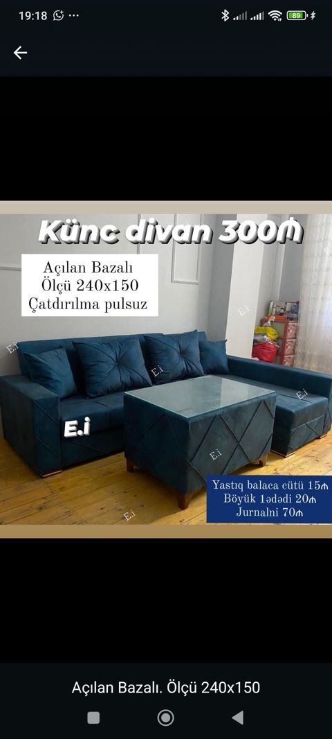 Künc divan – açılan, bazalı model. Ölçü: 240 x 150 sm. Rəng: tünd mavi — Bakı