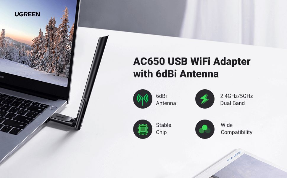 90339 Ugreen AC650 High-Gain Dual Band Wireless USB Adapter CM496 — Şarj cihazları, Bakı (2)