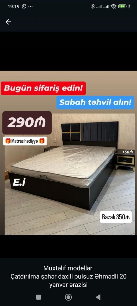 Yataq dəsti – müasir dizaynlı çarpayı və başlıq - Rəng: qara, başlıqda — Bakı
