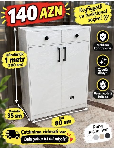Ağ rəngli çoxfunksiyalı dolab - Qiymət: 140 AZN - Ölçülər: hündürlük — Bakı
