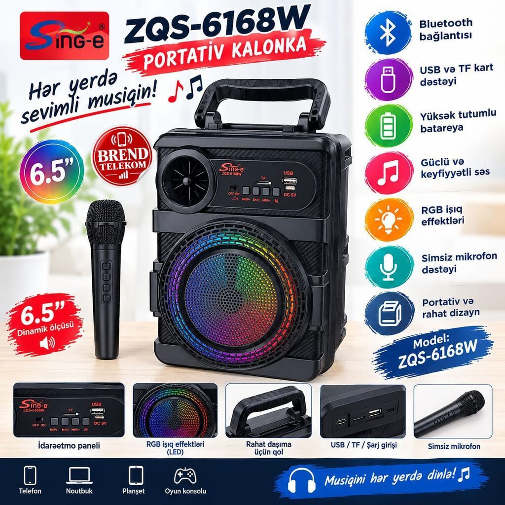Sing-e ZQS-6168W portativ kalonka - 6.5" dinamik ölçüsü, güclü və — Dinamiklər və akustik sistemlər, Bakı