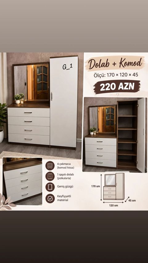 Dolab + Komod dəsti Ölçü: 170 x 120 x 45 sm Xüsusiyyətlər: - 1 — Bakı
