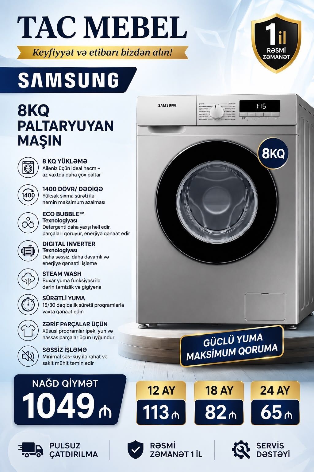 Paltaryuyan maşın Samsung, 9 kq, Yeni, Avtomat, Qurutma var, Kredit var, Pulsuz çatdırılma — Çamaşır maşınları, Bakı (3)