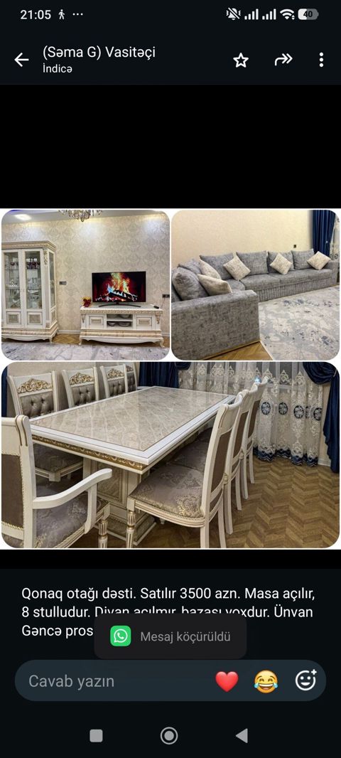 Qonaq otağı dəsti. Satılır 3500 azn. Masa açılır, 8 stulludur. Divan — Bakı