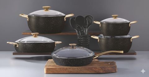 Yemək hazırlanması üçün qab-qacaq dəstləri Bonera, 16 parça, qranit, induksion dabanlı, paslanmaz metal qulplu, təmiz şüşə pareks qapaqlı, Türkiyə istehsalı, 4 mm qalınlıqda, qazanlar 20/24/30 sm (1.5 — Bakı