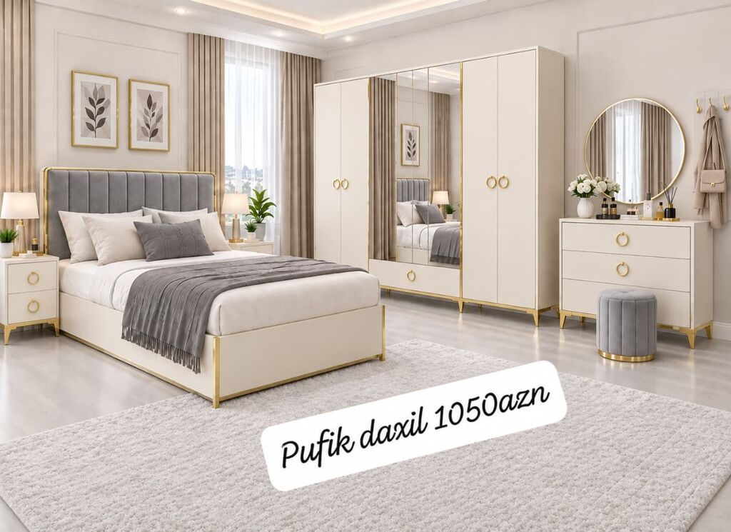 Yataq otağı mebel dəsti – zərif krem rəngli, qızılı detallar və — Yataq otağı mobilya dəstləri, Bakı