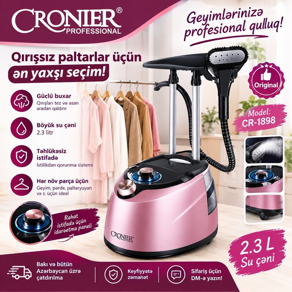 Cronier Professional buxarlı geyim düzləndiricisi – Model CR-1898 — Buxar soxucu, Masazır