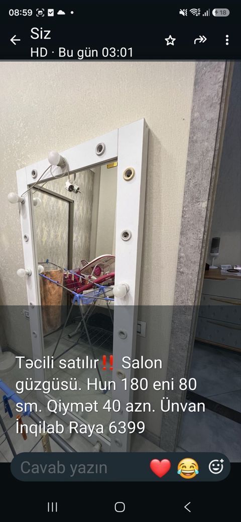 Salon güzgüsü – işıqlı makiyaj güzgüsü - Ölçü: hündürlük 180 sm, en 80 — 2-ci əl əşyalar