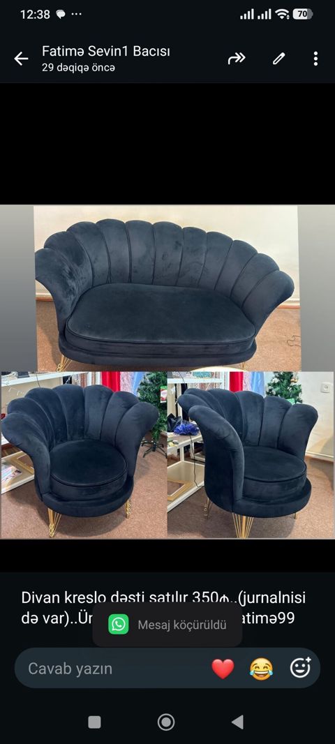 Divan kreslo dəsti satılır 350₼. (jurnalnisi də var). Ünvan 28 — Bakı