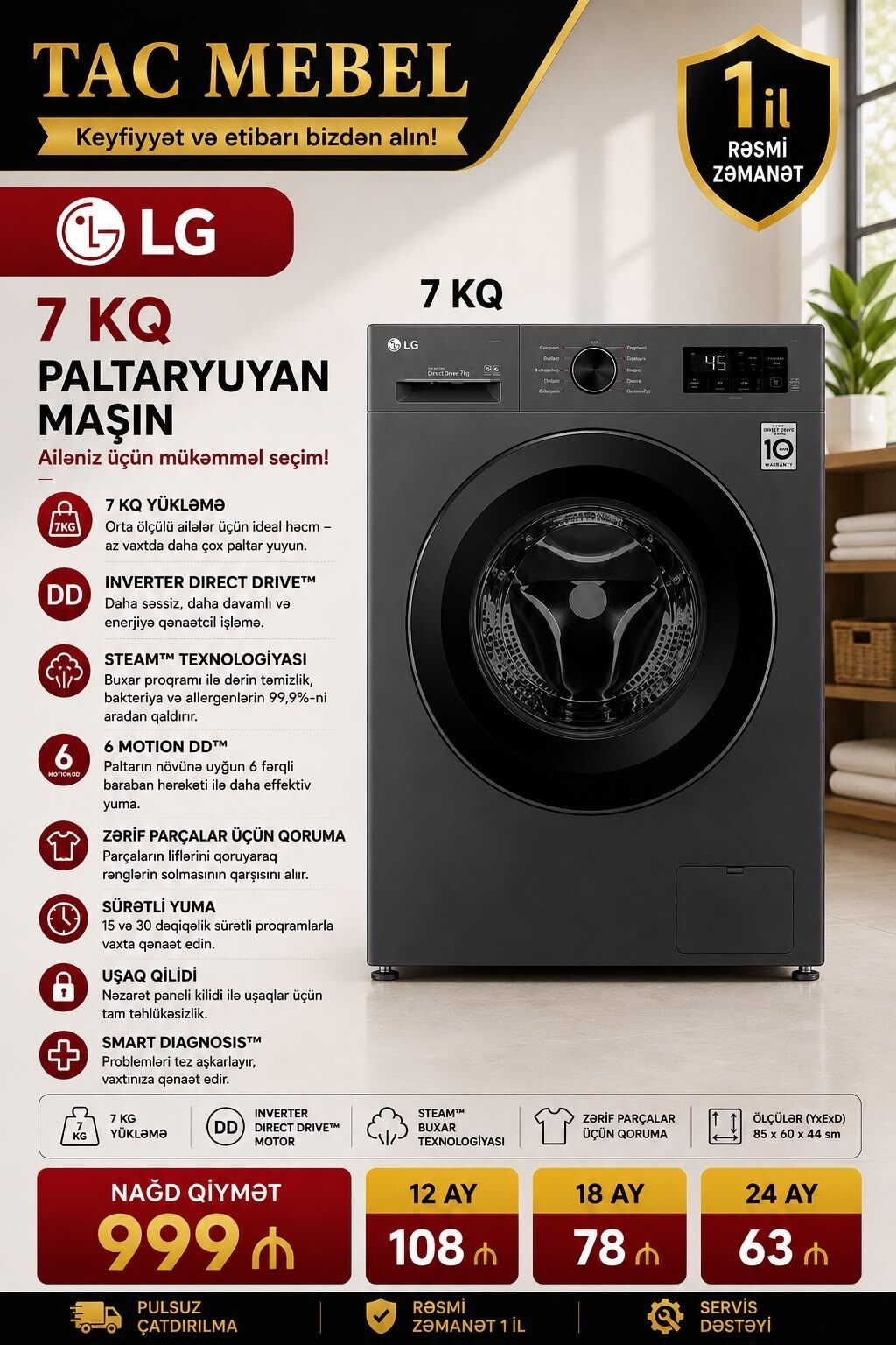 Paltaryuyan maşın Samsung, 9 kq, Yeni, Avtomat, Qurutma var, Kredit var, Pulsuz çatdırılma — Çamaşır maşınları, Bakı (4)