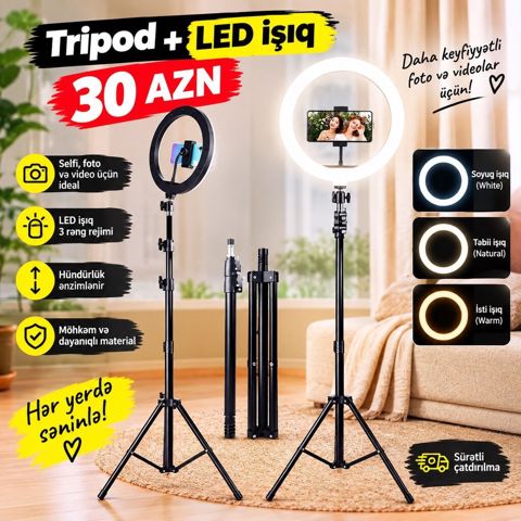 Tripodla birlikdə led işıq 30 AZN Tripodun uzunluğu 1.6 metrdir led — Bakı