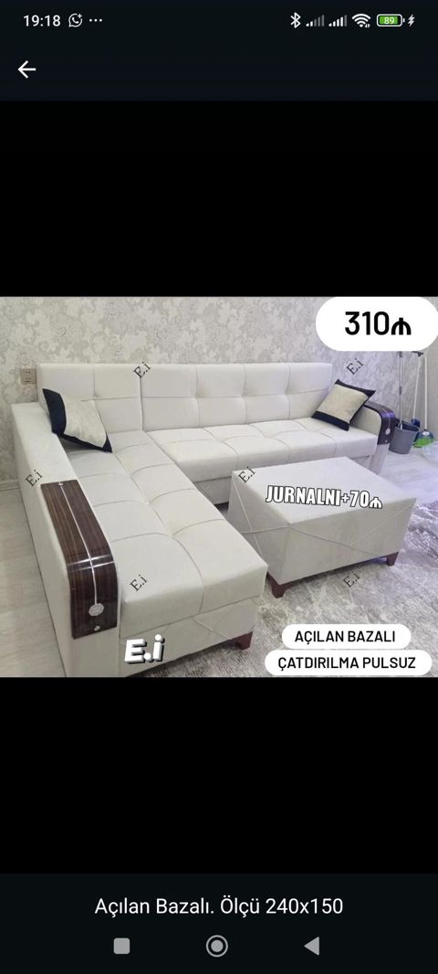 Açılan bazalı künc divan dəsti - Ölçü: 240 x 150 sm - Rəng: açıq krem — Bakı