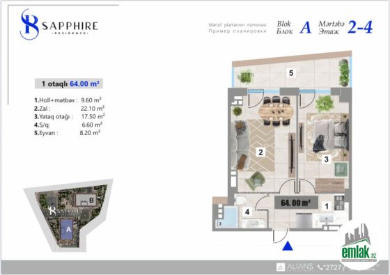 Satılır 1 otaqlı 64 m² yeni tikili Yasamal r — Mənzil (4)