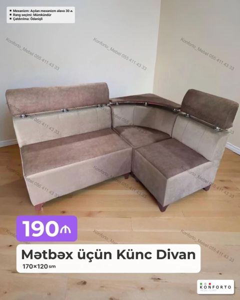 Mətbəx üçün Künc Divan – 170×120 sm - Kompakt L formalı dizayn — Bakı