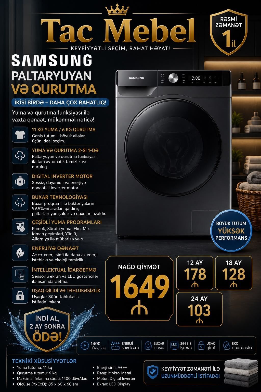 Paltaryuyan maşın Samsung, 9 kq, Yeni, Avtomat, Qurutma var, Kredit var, Pulsuz çatdırılma — Çamaşır maşınları, Bakı (6)