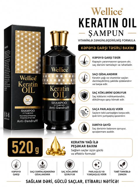 Şampun Wellice Keratin Oil 520 ml — Bakı