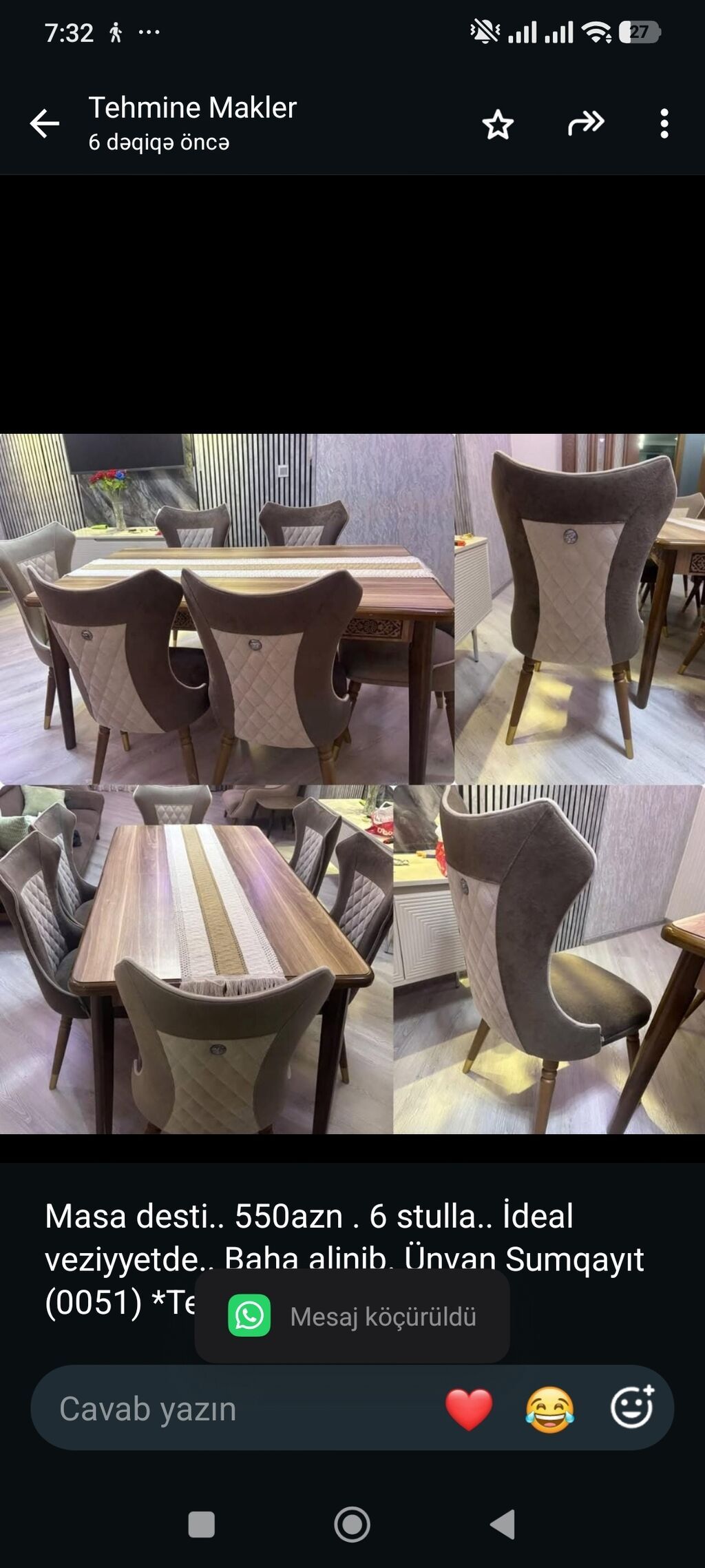 Masa desti. 550azn 6 stulla. İdeal veziyyetde. Baha alinib. Ünvan — Masalar və stullar, Bakı