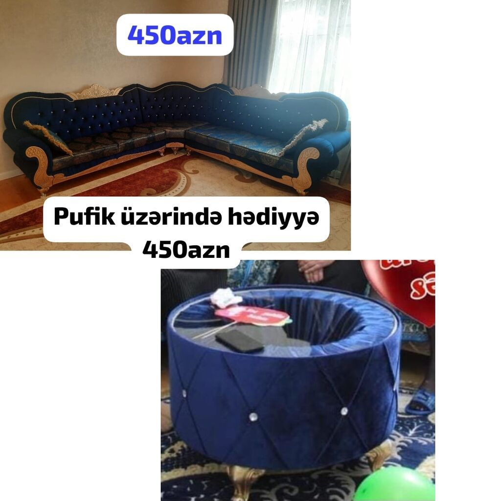 Künc divan dəsti – klassik dizayn, mavi məxmər parça, qızılı dekorativ — Yumşaq mobilya dəstləri, Bakı