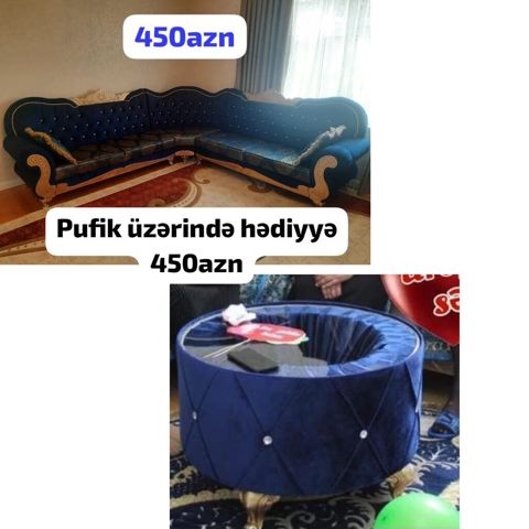 Künc divan dəsti – klassik dizayn, mavi məxmər parça, qızılı dekorativ — Bakı
