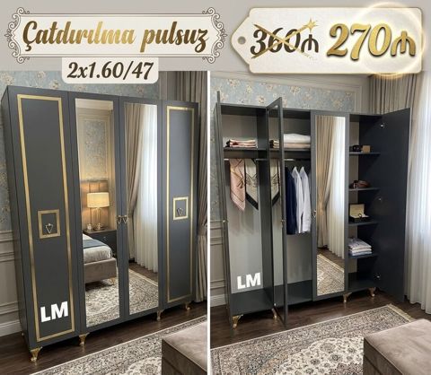Qarderob şkafı – 3 qapılı, güzgülü, elegant dizayn - Rəng: tünd boz — Bakı