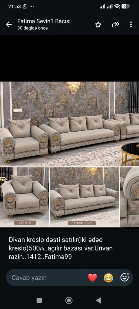 Divan kreslo dəsti satılır(iki ədəd kreslo)500₼. açılır bazası — Aişə Xanım — Комплекты мягкой мебели